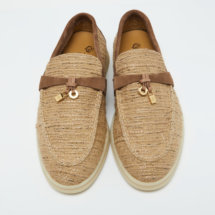 Pre Owned Loro Piana Beige/Brown Linen and Suede Summer Charms Walk Slip On Loafers Size 37.5