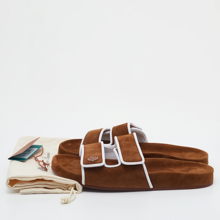 Pre Owned Loro Piana Brown/White Suede and Leather Waikiki Flat Slides Size 38