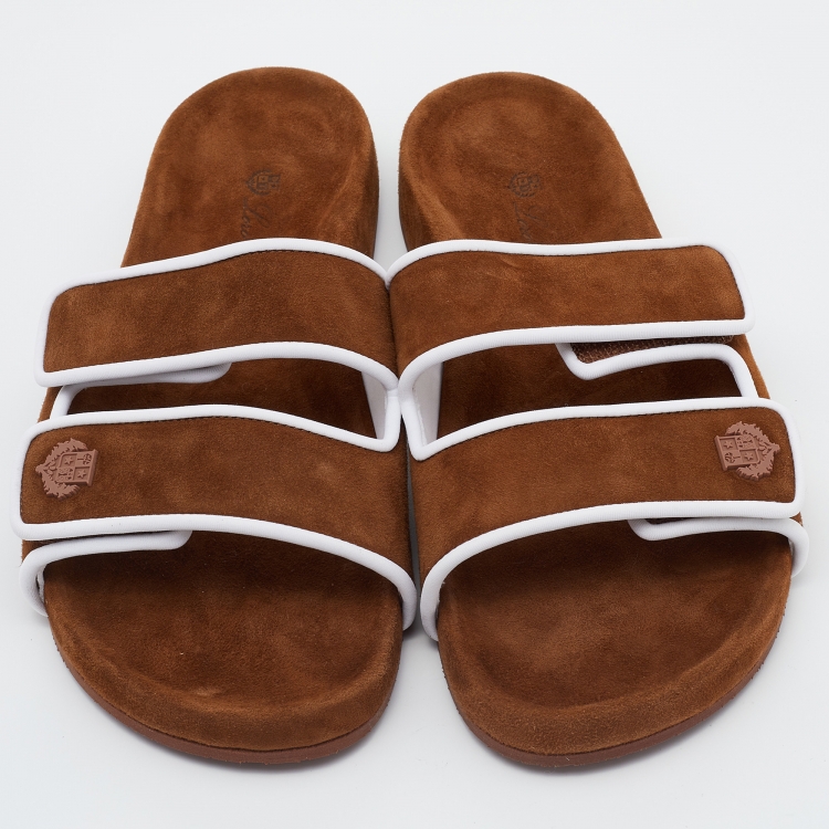 Pre Owned Loro Piana Brown/White Suede and Leather Waikiki Flat Slides Size 38