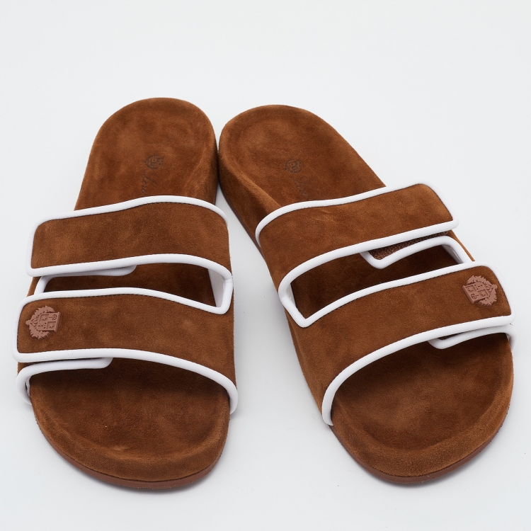 Pre Owned Loro Piana Brown/White Suede and Leather Waikiki Flat Slides Size 38