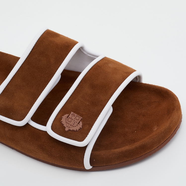 Pre Owned Loro Piana Brown/White Suede and Leather Waikiki Flat Slides Size 38