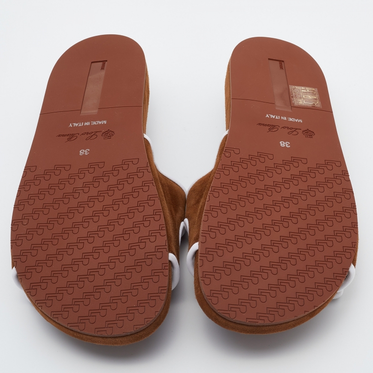 Pre Owned Loro Piana Brown/White Suede and Leather Waikiki Flat Slides Size 38