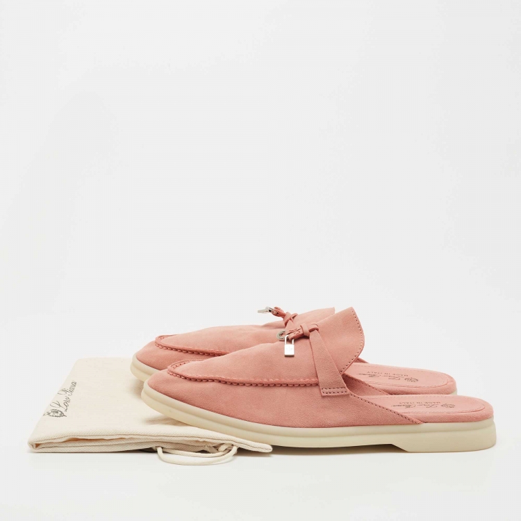 Pre Owned Loro Piana Pink Suede Babouche Charms Walk Flat Mules Size 38.5