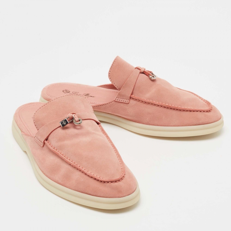 Pre Owned Loro Piana Pink Suede Babouche Charms Walk Flat Mules Size 38.5