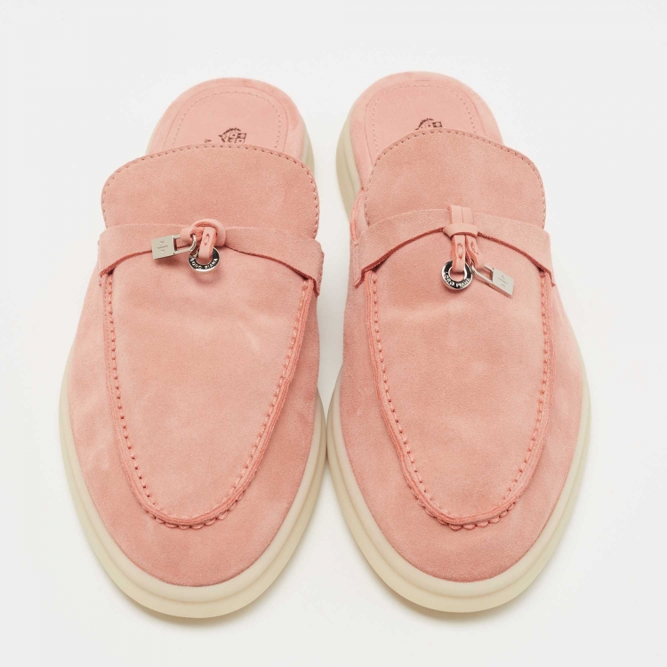 Pre Owned Loro Piana Pink Suede Babouche Charms Walk Flat Mules Size 38.5