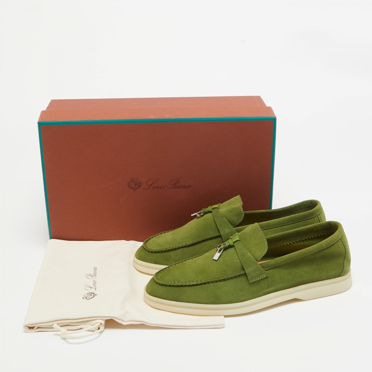 مملوكة مسبقًا Loro Piana Green Suede Summer Charms Walk Loafers Size 37