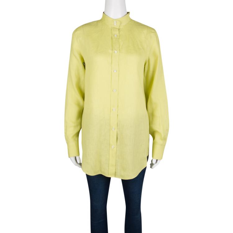 Pre Owned Loro Piana Yellow Linen Mandarin Collar Long Sleeve Button Front Shirt M