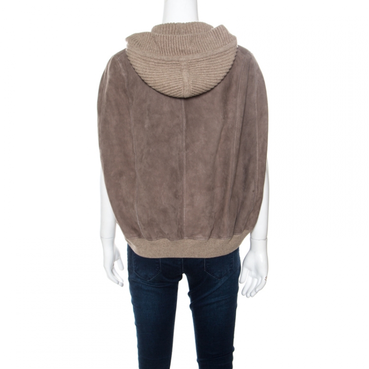 Pre Owned Loro Piana Beige Suede Shearling Lined Sleeveless Hooded Bomber Jacket M