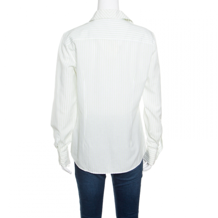Pre Owned Loro Piana White and Green Striped Cotton Linen Long Sleeve Shirt M
