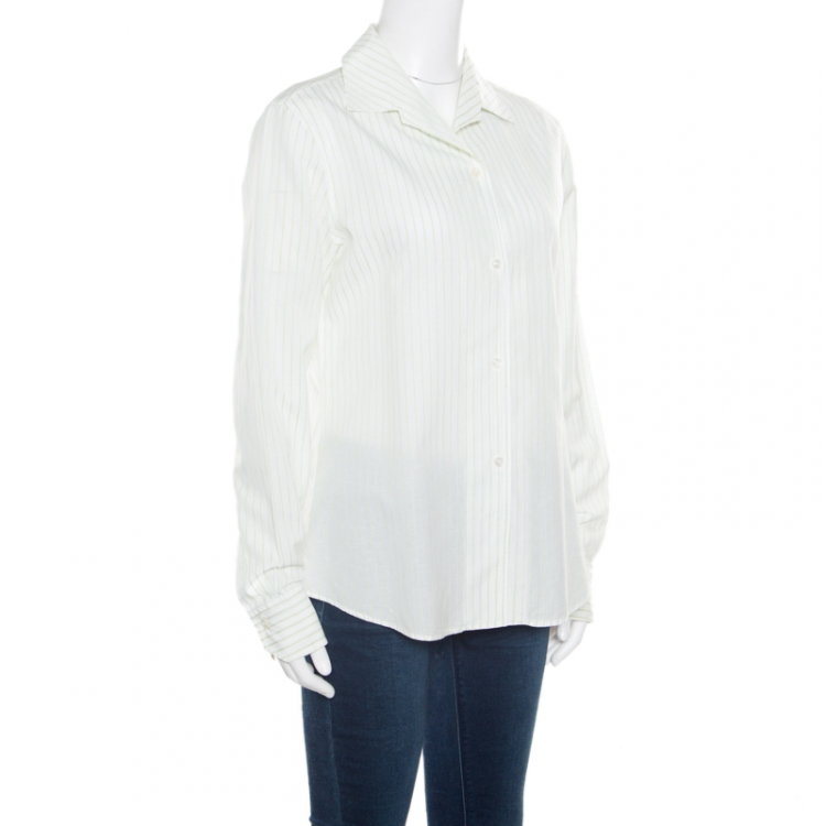 Pre Owned Loro Piana White and Green Striped Cotton Linen Long Sleeve Shirt M