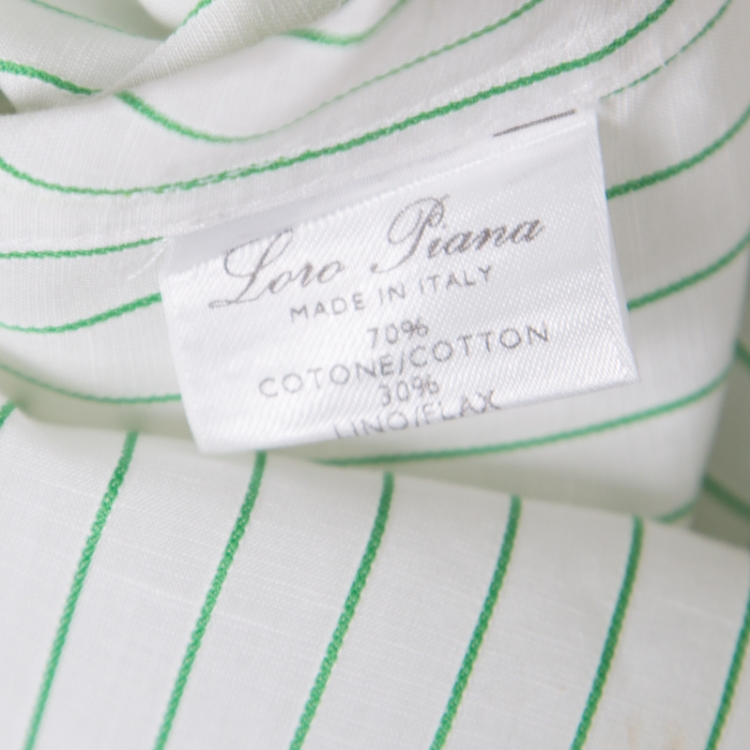 Pre Owned Loro Piana White and Green Striped Cotton Linen Long Sleeve Shirt M