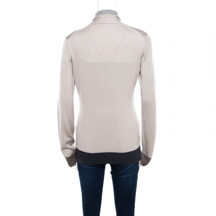 Pre Owned Loro Piana Beige Contrast Trim Detail Cashmere and Silk Cardigan M