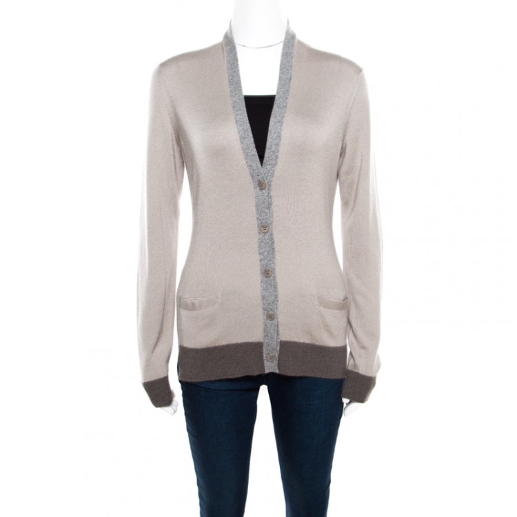 Pre Owned Loro Piana Beige Contrast Trim Detail Cashmere and Silk Cardigan M