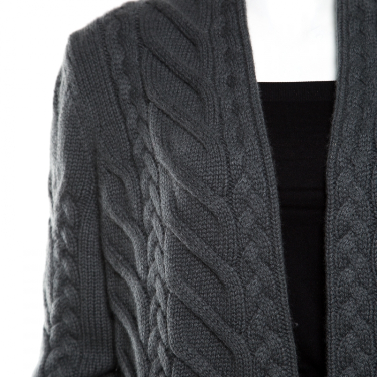 Pre Owned Loro Piana Grey Chunky Cable Knit Open Front Cardigan L