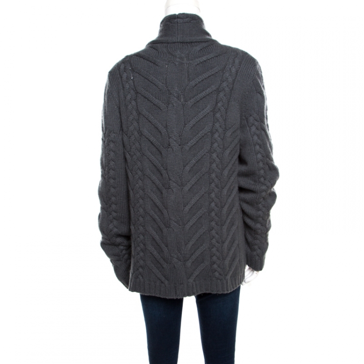 Pre Owned Loro Piana Grey Chunky Cable Knit Open Front Cardigan L