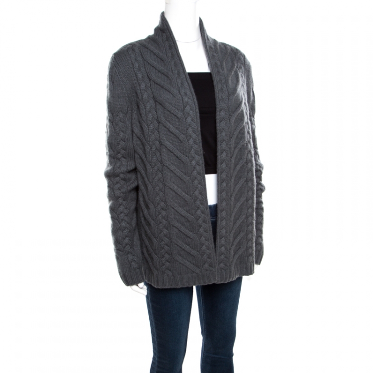 Pre Owned Loro Piana Grey Chunky Cable Knit Open Front Cardigan L