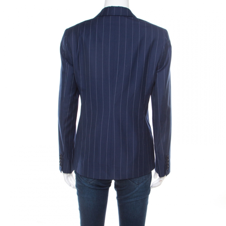 Pre Owned Loro Piana Navy Blue and White Striped Cotton Cloud Blazer S
