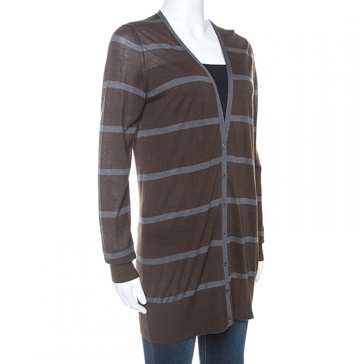 Pre Owned Loro Piana Brown Striped Cashmere Button Front Cardigan M