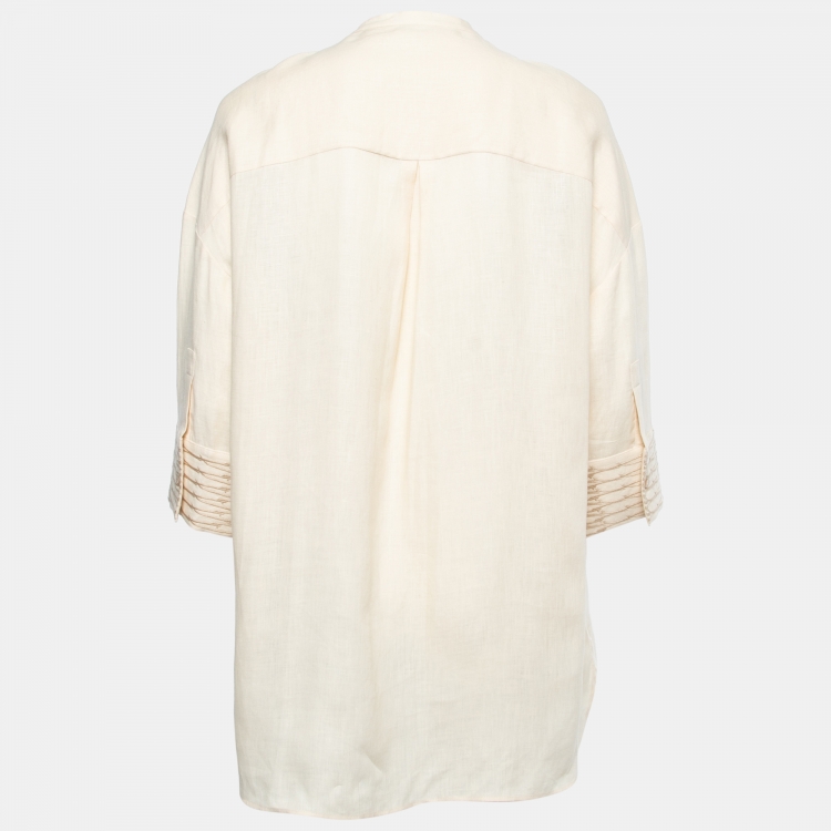 Pre Owned Loro Piana Beige Linen Round Neck Button Front Shirt M
