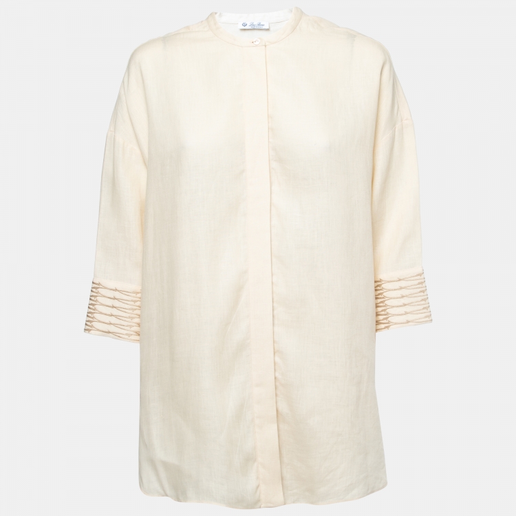 Pre Owned Loro Piana Beige Linen Round Neck Button Front Shirt M