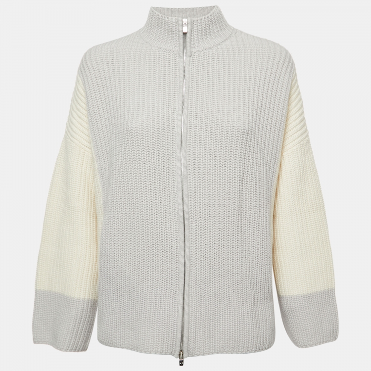 Pre Owned Loro Piana Ivory/Grey Cashmere Zip-Up Jacket S