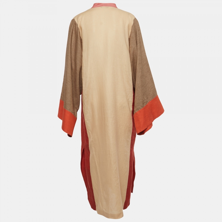 Pre Owned Loro Piana Beige Colorblock Linen Long Kimono M