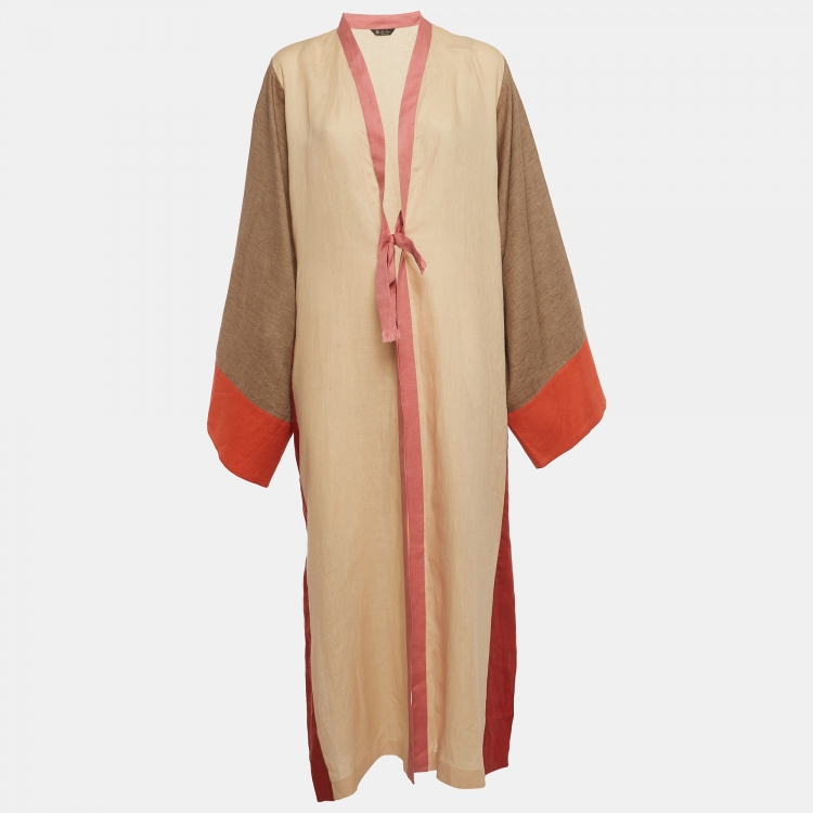 Pre Owned Loro Piana Beige Colorblock Linen Long Kimono M