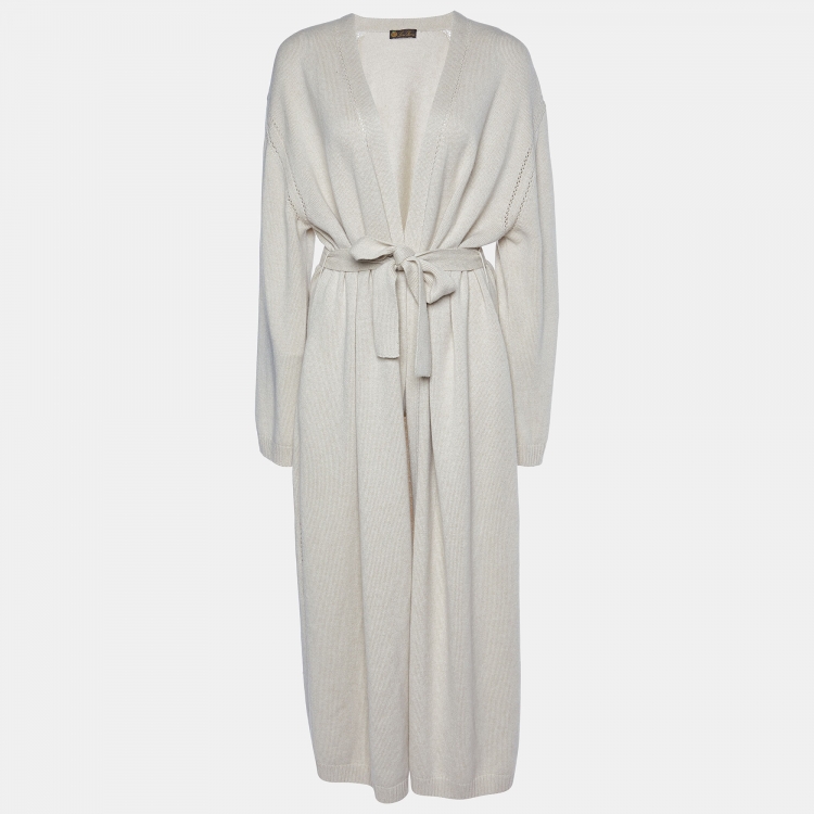 Pre Owned Loro Piana Beige Cashmere Knit Belted Long Cardigan M