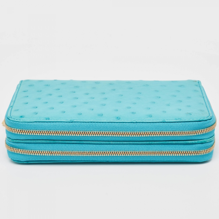 Pre Owned Loro Piana Light Blue Ostrich Leather Double Zip Clutch