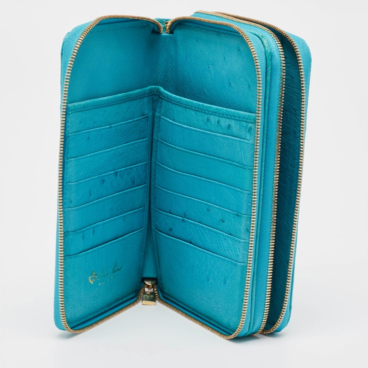 Pre Owned Loro Piana Light Blue Ostrich Leather Double Zip Clutch
