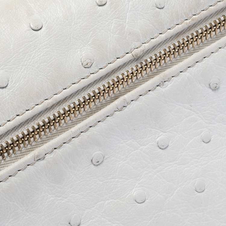 Pre Owned Loro Piana White Ostrich Medium Zip Pouch