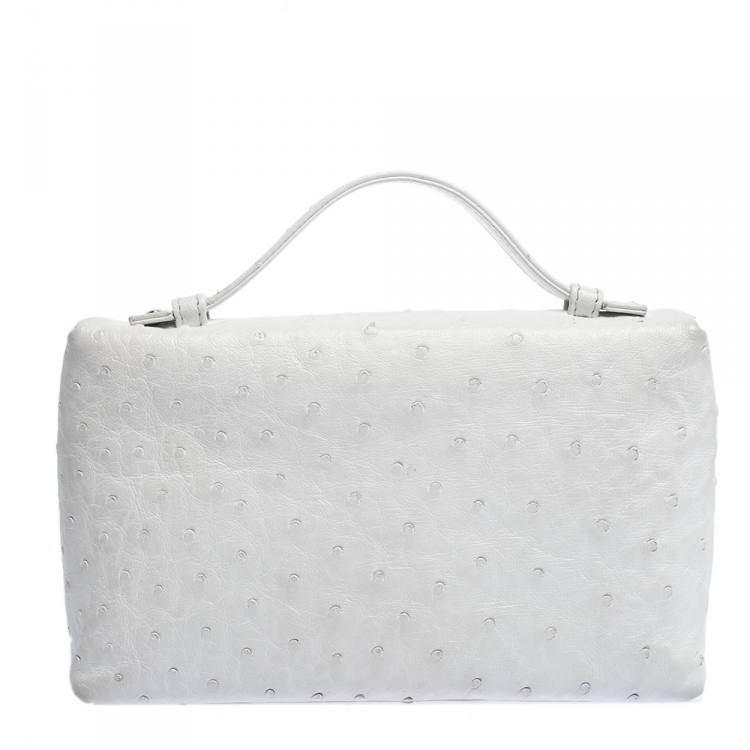 Pre Owned Loro Piana White Ostrich Medium Zip Pouch