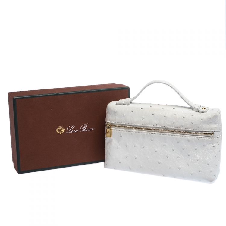 Pre Owned Loro Piana White Ostrich Medium Zip Pouch