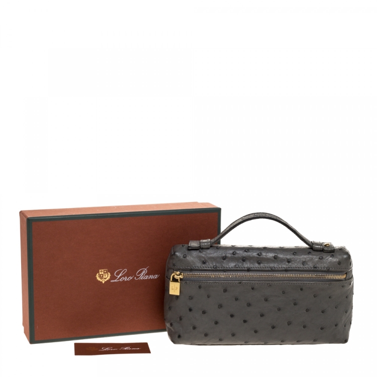 Pre Owned Loro Piana Grey Ostrich Zip Pouch