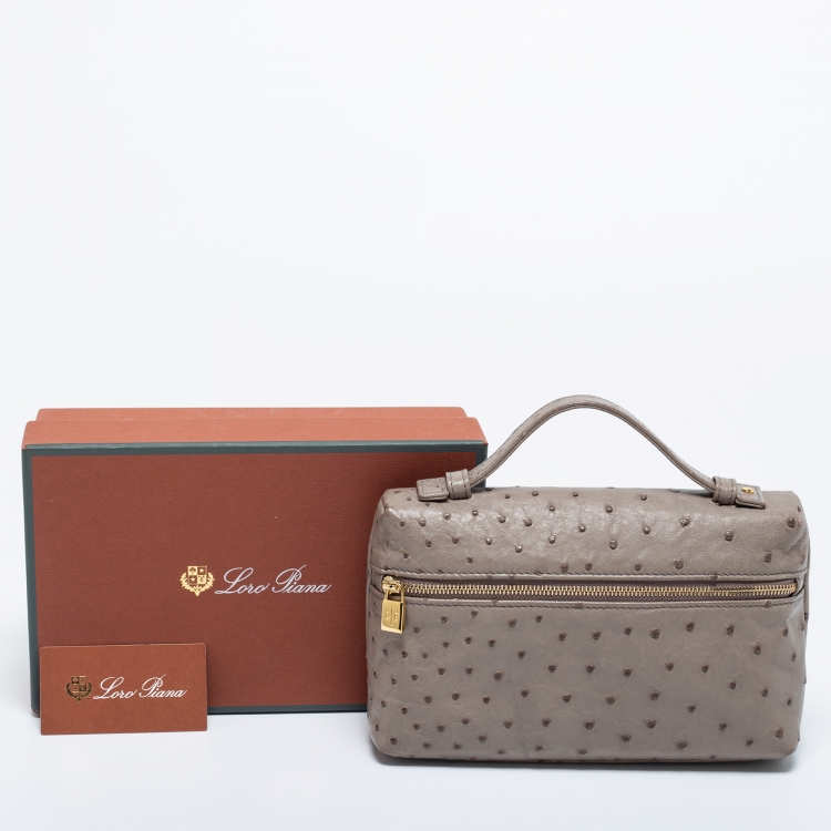 Pre Owned Loro Piana Grey Ostrich Zip L19 Pouch