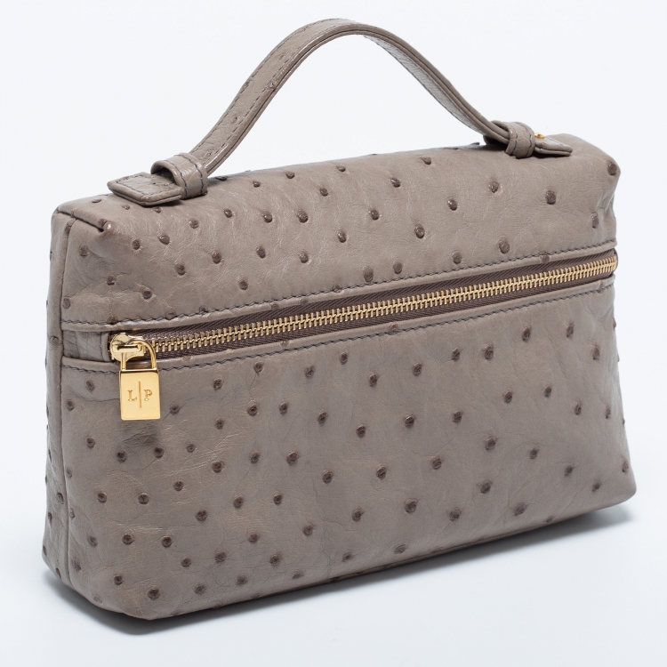 Pre Owned Loro Piana Grey Ostrich Zip L19 Pouch
