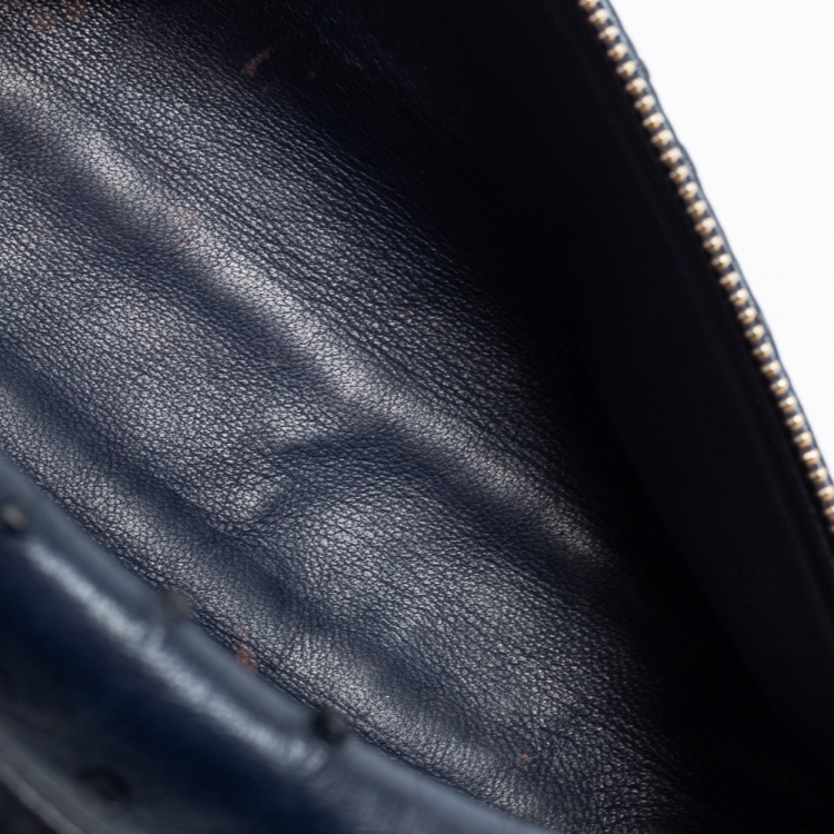 Pre Owned Loro Piana Navy Blue Ostrich Zip L19 Pouch