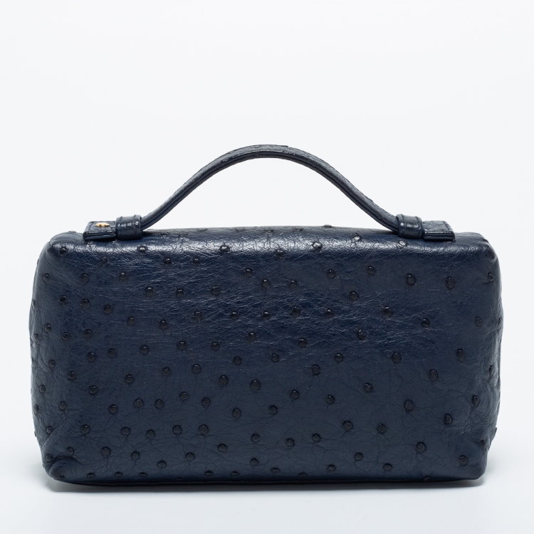 Pre Owned Loro Piana Navy Blue Ostrich Zip L19 Pouch
