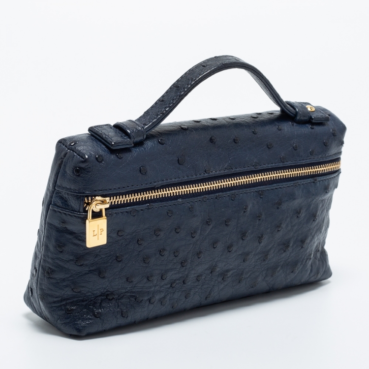 Pre Owned Loro Piana Navy Blue Ostrich Zip L19 Pouch
