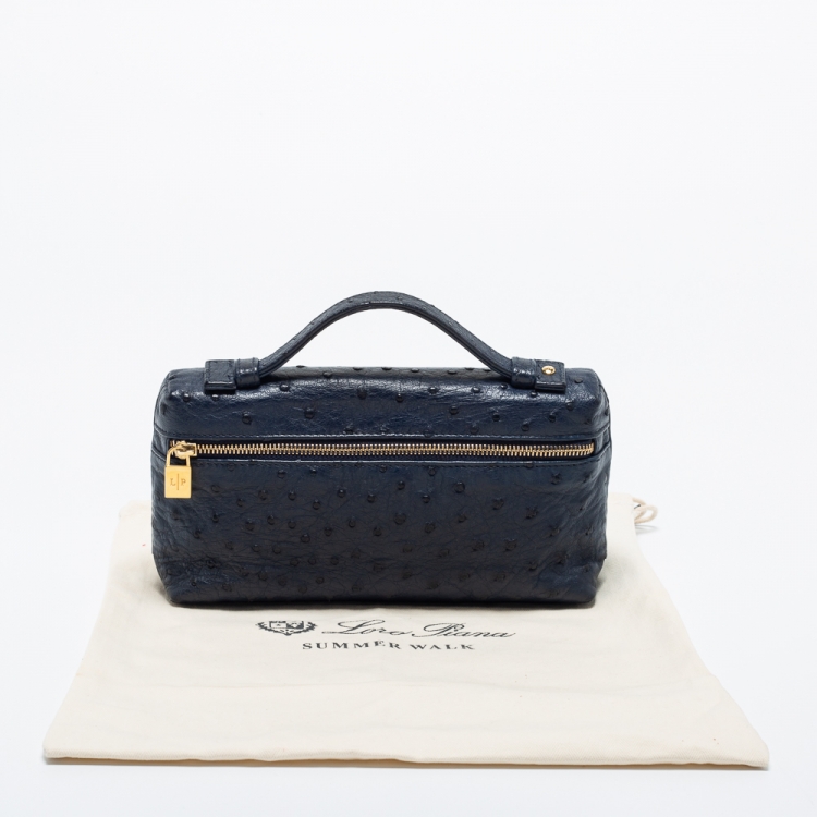 Pre Owned Loro Piana Navy Blue Ostrich Zip L19 Pouch