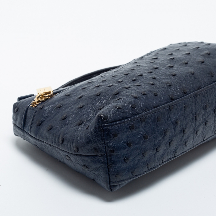 Pre Owned Loro Piana Navy Blue Ostrich Zip L19 Pouch