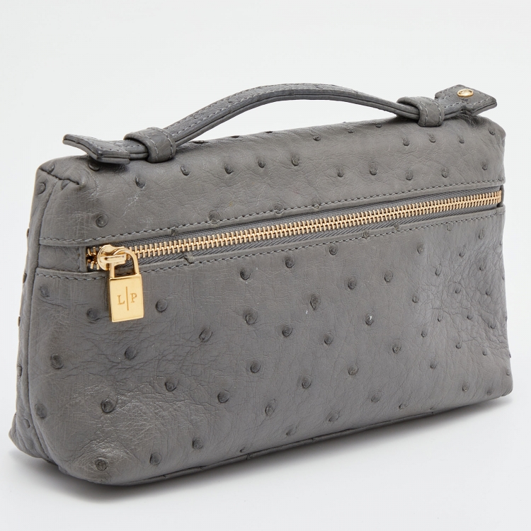 Pre Owned Loro Piana Grey Ostrich Leather Zip L19 Pouch