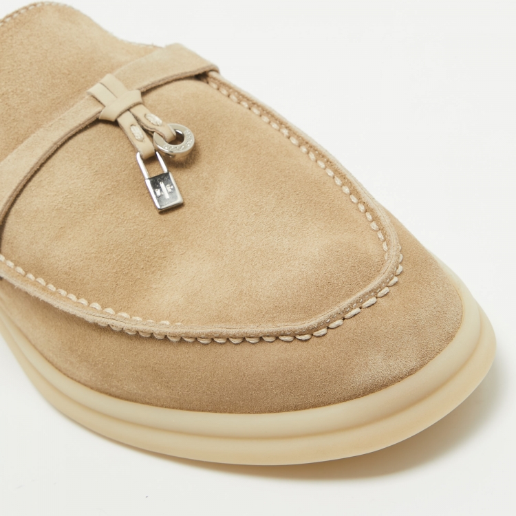 Pre Owned Loro Piana Beige Suede Babouche Charms Walk Flat Mules Size 38