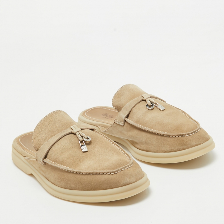 Pre Owned Loro Piana Beige Suede Babouche Charms Walk Flat Mules Size 38