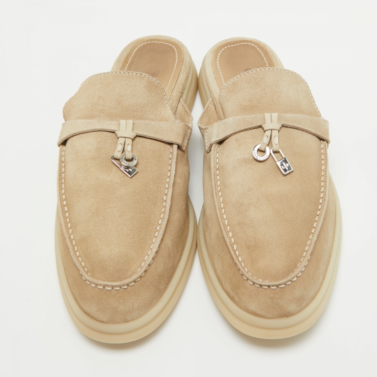 Pre Owned Loro Piana Beige Suede Babouche Charms Walk Flat Mules Size 38