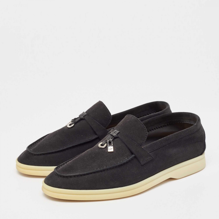 Pre Owned Loro Piana  Black Suede Summer Charms Walk Loafers  Size 36.5