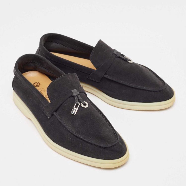 Pre Owned Loro Piana  Black Suede Summer Charms Walk Loafers  Size 36.5