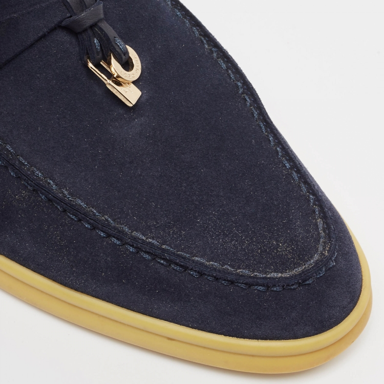 Pre Owned Loro Piana Navy Blue Suede Summer Charms Walk  Loafers Size 38