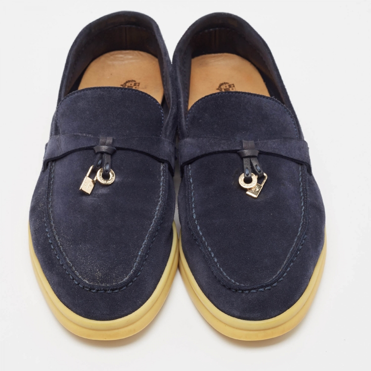 Pre Owned Loro Piana Navy Blue Suede Summer Charms Walk  Loafers Size 38