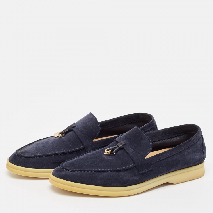 Pre Owned Loro Piana Navy Blue Suede Summer Charms Walk  Loafers Size 38